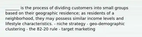 _______ is the process of dividing customers into small groups based on their geographic residence; as residents of a neighborhood, they may possess similar income levels and lifestyle characteristics. - niche strategy - geo-demographic clustering - the 82-20 rule - target marketing