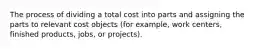 The process of dividing a total cost into parts and assigning the parts to relevant cost objects (for example, work centers, finished products, jobs, or projects).