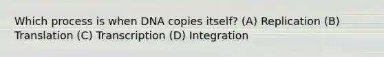 Which process is when DNA copies itself? (A) Replication (B) Translation (C) Transcription (D) Integration