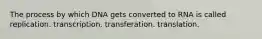 The process by which DNA gets converted to RNA is called replication. transcription. transferation. translation.