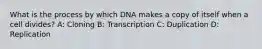 What is the process by which DNA makes a copy of itself when a cell divides? A: Cloning B: Transcription C: Duplication D: Replication