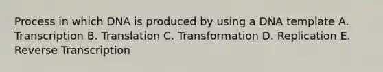 Process in which DNA is produced by using a DNA template A. Transcription B. Translation C. Transformation D. Replication E. Reverse Transcription