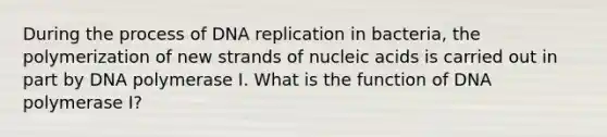 During the process of DNA replication in bacteria, the polymerization of new strands of nucleic acids is carried out in part by DNA polymerase I. What is the function of DNA polymerase I?