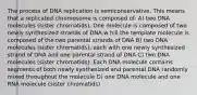 The process of DNA replication is semiconservative. This means that a replicated chromosome is composed of: A) two DNA molecules (sister chromatids). One molecule is composed of two newly synthesized strands of DNA,w hill the template molecule is composed of the two parental strands of DNA B) two DNA molecules (sister chromatids), each with one newly synthesized strand of DNA and one parental strand of DNA C) two DNA molecules (sister chromatids). Each DNA molecule contains segments of both newly synthesized and parental DNA randomly mixed throughout the molecule D) one DNA molecule and one RNA molecule (sister chromatids)