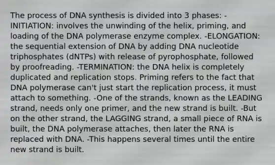 The process of DNA synthesis is divided into 3 phases: -INITIATION: involves the unwinding of the helix, priming, and loading of the DNA polymerase enzyme complex. -ELONGATION: the sequential extension of DNA by adding DNA nucleotide triphosphates (dNTPs) with release of pyrophosphate, followed by proofreading. -TERMINATION: the DNA helix is completely duplicated and replication stops. Priming refers to the fact that DNA polymerase can't just start the replication process, it must attach to something. -One of the strands, known as the LEADING strand, needs only one primer, and the new strand is built. -But on the other strand, the LAGGING strand, a small piece of RNA is built, the DNA polymerase attaches, then later the RNA is replaced with DNA. -This happens several times until the entire new strand is built.