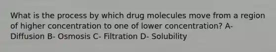 What is the process by which drug molecules move from a region of higher concentration to one of lower concentration? A- Diffusion B- Osmosis C- Filtration D- Solubility