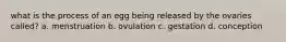 what is the process of an egg being released by the ovaries called? a. menstruation b. ovulation c. gestation d. conception