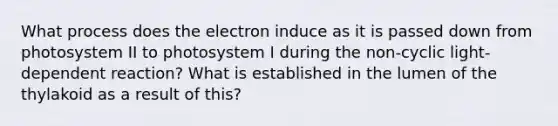 What process does the electron induce as it is passed down from photosystem II to photosystem I during the non-cyclic light-dependent reaction? What is established in the lumen of the thylakoid as a result of this?