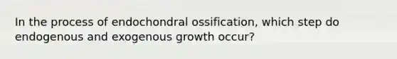 In the process of endochondral ossification, which step do endogenous and exogenous growth occur?