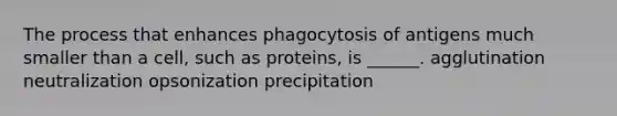 The process that enhances phagocytosis of antigens much smaller than a cell, such as proteins, is ______. agglutination neutralization opsonization precipitation