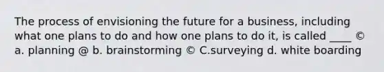 The process of envisioning the future for a business, including what one plans to do and how one plans to do it, is called ____ © a. planning @ b. brainstorming © C.surveying d. white boarding