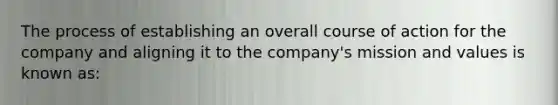 The process of establishing an overall course of action for the company and aligning it to the company's mission and values is known as: