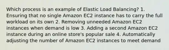 Which process is an example of Elastic Load Balancing? 1. Ensuring that no single Amazon EC2 instance has to carry the full workload on its own 2. Removing unneeded Amazon EC2 instances when demand is low 3. Adding a second Amazon EC2 instance during an online store's popular sale 4. Automatically adjusting the number of Amazon EC2 instances to meet demand