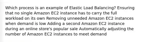 Which process is an example of Elastic Load Balancing? Ensuring that no single Amazon EC2 instance has to carry the full workload on its own Removing unneeded Amazon EC2 instances when demand is low Adding a second Amazon EC2 instance during an online store's popular sale Automatically adjusting the number of Amazon EC2 instances to meet demand