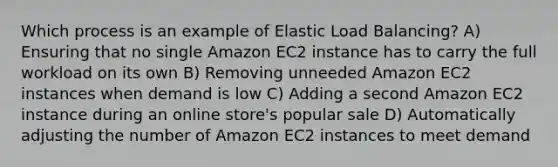 Which process is an example of Elastic Load Balancing? A) Ensuring that no single Amazon EC2 instance has to carry the full workload on its own B) Removing unneeded Amazon EC2 instances when demand is low C) Adding a second Amazon EC2 instance during an online store's popular sale D) Automatically adjusting the number of Amazon EC2 instances to meet demand