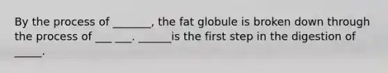 By the process of _______, the fat globule is broken down through the process of ___ ___. ______is the first step in the digestion of _____.