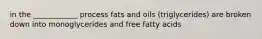 in the ____________ process fats and oils (triglycerides) are broken down into monoglycerides and free fatty acids