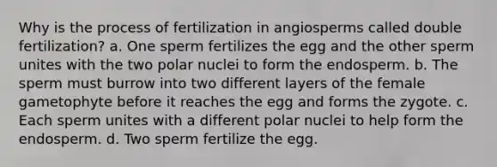 Why is the process of fertilization in angiosperms called double fertilization? a. One sperm fertilizes the egg and the other sperm unites with the two polar nuclei to form the endosperm. b. The sperm must burrow into two different layers of the female gametophyte before it reaches the egg and forms the zygote. c. Each sperm unites with a different polar nuclei to help form the endosperm. d. Two sperm fertilize the egg.