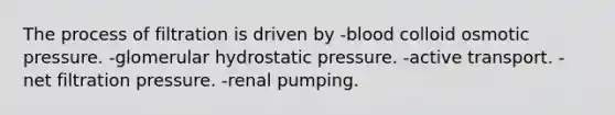 The process of filtration is driven by -blood colloid osmotic pressure. -glomerular hydrostatic pressure. -active transport. -net filtration pressure. -renal pumping.