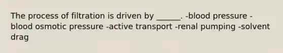 The process of filtration is driven by ______. -blood pressure -blood osmotic pressure -active transport -renal pumping -solvent drag