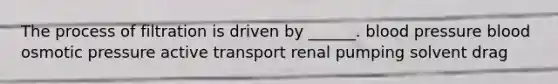 The process of filtration is driven by ______. blood pressure blood osmotic pressure active transport renal pumping solvent drag