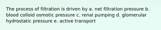 The process of filtration is driven by a. net filtration pressure b. blood colloid osmotic pressure c. renal pumping d. glomerular hydrostatic pressure e. active transport