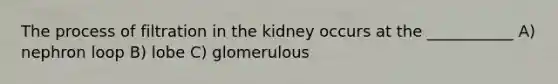 The process of filtration in the kidney occurs at the ___________ A) nephron loop B) lobe C) glomerulous