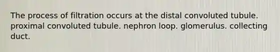 The process of filtration occurs at the distal convoluted tubule. proximal convoluted tubule. nephron loop. glomerulus. collecting duct.