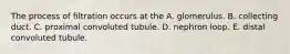 The process of filtration occurs at the A. glomerulus. B. collecting duct. C. proximal convoluted tubule. D. nephron loop. E. distal convoluted tubule.