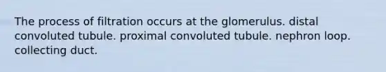 The process of filtration occurs at the glomerulus. distal convoluted tubule. proximal convoluted tubule. nephron loop. collecting duct.