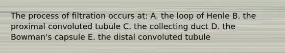 The process of filtration occurs at: A. the loop of Henle B. the proximal convoluted tubule C. the collecting duct D. the Bowman's capsule E. the distal convoluted tubule