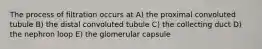 The process of filtration occurs at A) the proximal convoluted tubule B) the distal convoluted tubule C) the collecting duct D) the nephron loop E) the glomerular capsule