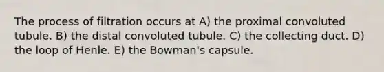 The process of filtration occurs at A) the proximal convoluted tubule. B) the distal convoluted tubule. C) the collecting duct. D) the loop of Henle. E) the Bowman's capsule.