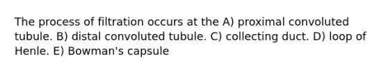 The process of filtration occurs at the A) proximal convoluted tubule. B) distal convoluted tubule. C) collecting duct. D) loop of Henle. E) Bowman's capsule