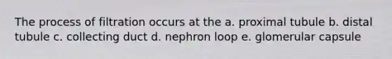 The process of filtration occurs at the a. proximal tubule b. distal tubule c. collecting duct d. nephron loop e. glomerular capsule