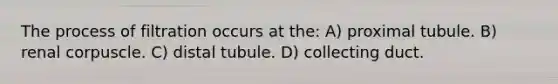 The process of filtration occurs at the: A) proximal tubule. B) renal corpuscle. C) distal tubule. D) collecting duct.