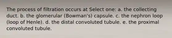 The process of filtration occurs at Select one: a. the collecting duct. b. the glomerular (Bowman's) capsule. c. the nephron loop (loop of Henle). d. the distal convoluted tubule. e. the proximal convoluted tubule.