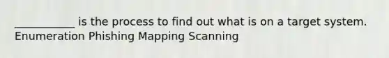 ___________ is the process to find out what is on a target system. Enumeration Phishing Mapping Scanning