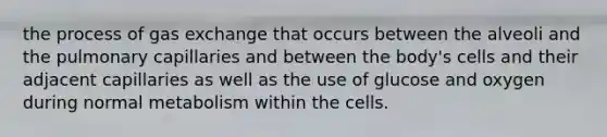 the process of <a href='https://www.questionai.com/knowledge/kU8LNOksTA-gas-exchange' class='anchor-knowledge'>gas exchange</a> that occurs between the alveoli and the pulmonary capillaries and between the body's cells and their adjacent capillaries as well as the use of glucose and oxygen during normal metabolism within the cells.