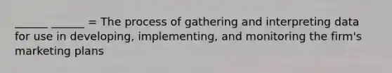 ______ ______ = The process of gathering and interpreting data for use in developing, implementing, and monitoring the firm's marketing plans