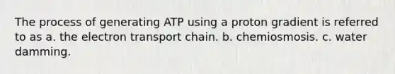 The process of generating ATP using a proton gradient is referred to as a. the electron transport chain. b. chemiosmosis. c. water damming.