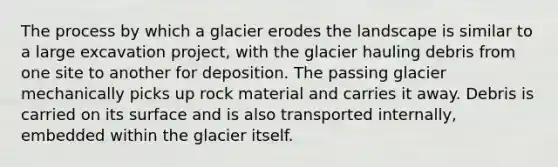 The process by which a glacier erodes the landscape is similar to a large excavation project, with the glacier hauling debris from one site to another for deposition. The passing glacier mechanically picks up rock material and carries it away. Debris is carried on its surface and is also transported internally, embedded within the glacier itself.