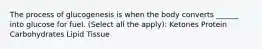The process of glucogenesis is when the body converts ______ into glucose for fuel. (Select all the apply): Ketones Protein Carbohydrates Lipid Tissue