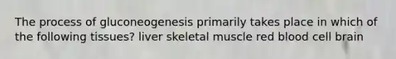 The process of gluconeogenesis primarily takes place in which of the following tissues? liver skeletal muscle red blood cell brain