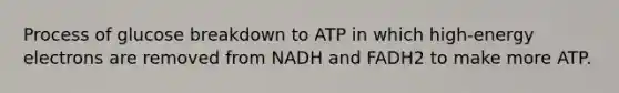 Process of glucose breakdown to ATP in which high-energy electrons are removed from NADH and FADH2 to make more ATP.