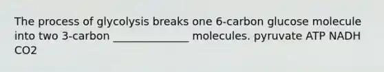 The process of glycolysis breaks one 6-carbon glucose molecule into two 3-carbon ______________ molecules. pyruvate ATP NADH CO2