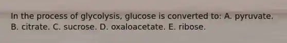 In the process of glycolysis, glucose is converted to: A. pyruvate. B. citrate. C. sucrose. D. oxaloacetate. E. ribose.