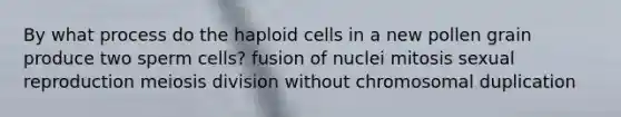 By what process do the haploid cells in a new pollen grain produce two sperm cells? fusion of nuclei mitosis sexual reproduction meiosis division without chromosomal duplication