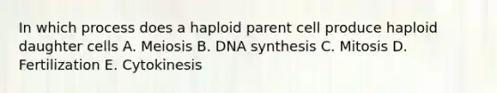 In which process does a haploid parent cell produce haploid daughter cells A. Meiosis B. DNA synthesis C. Mitosis D. Fertilization E. Cytokinesis