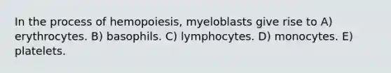 In the process of hemopoiesis, myeloblasts give rise to A) erythrocytes. B) basophils. C) lymphocytes. D) monocytes. E) platelets.